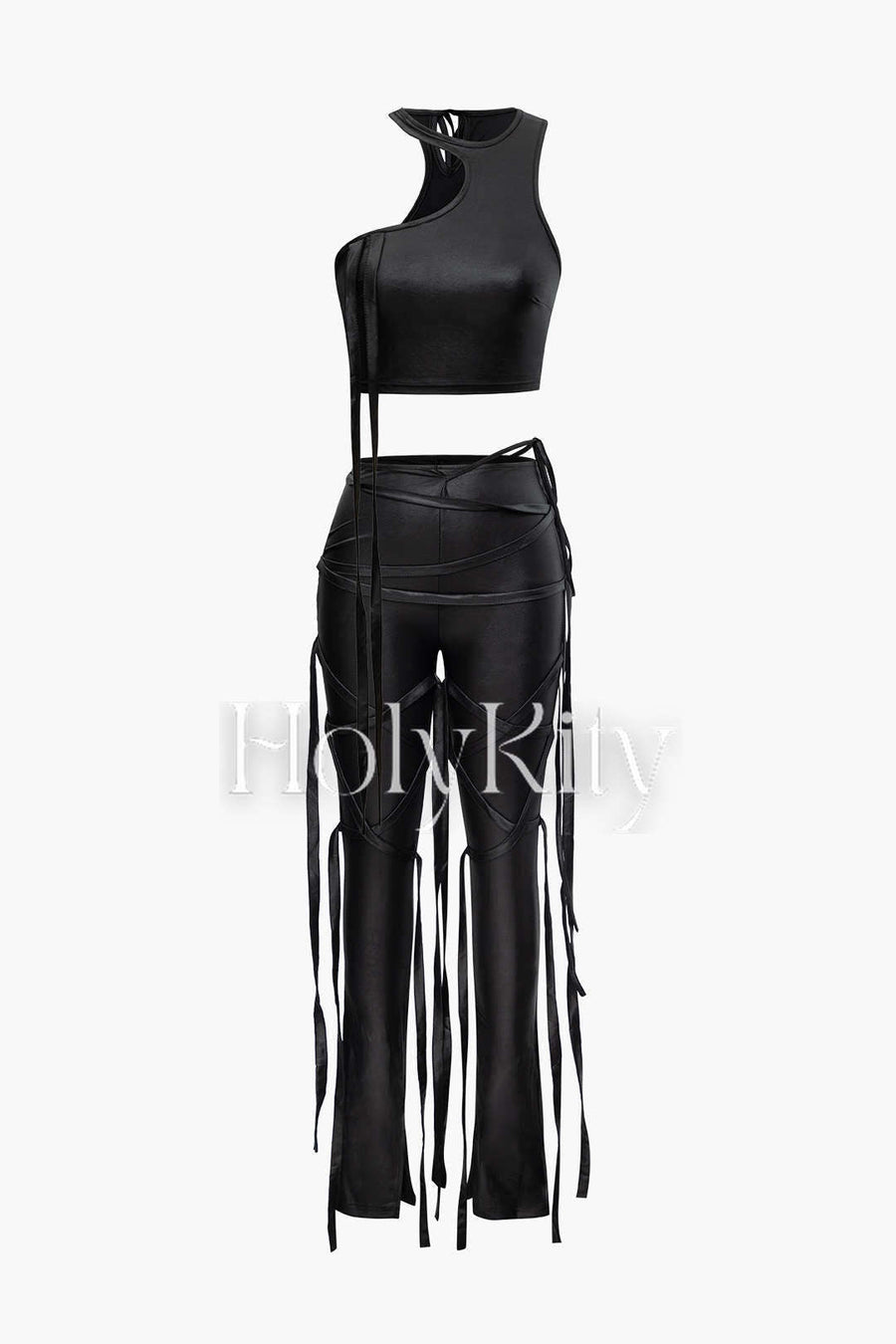 Faux Leather One Shoulder Tank Top And Fringe Skinny Pants Set