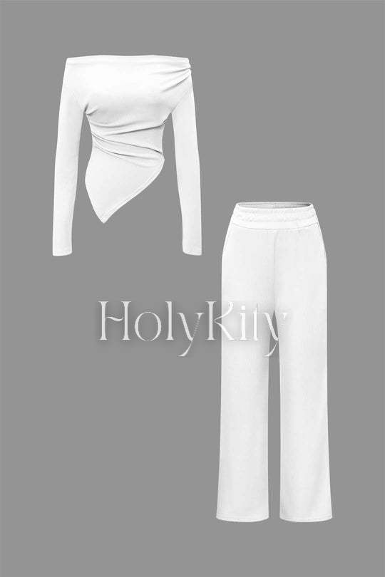 Off Shoulder Ruched Asymmetric Top And Straight Leg Pants Set