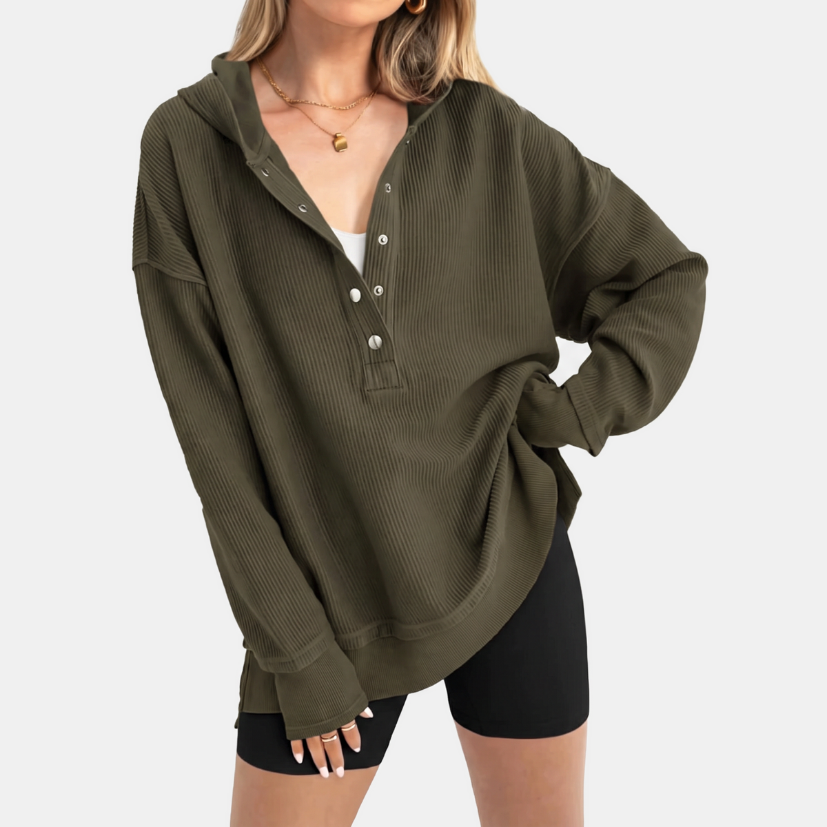 Women's Oversized Waffle Knit Snap Button Hoodie