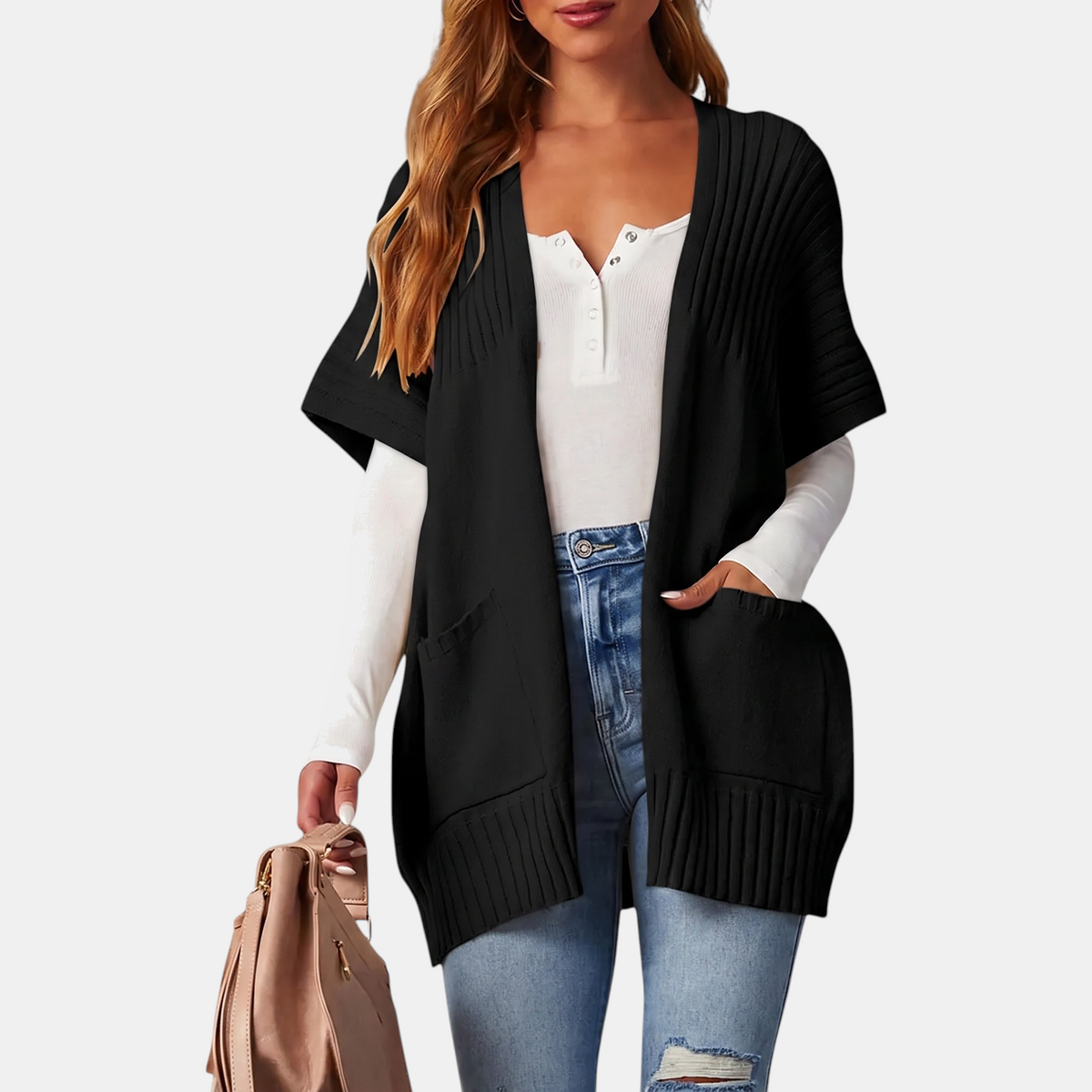 Women's Short Sleeve Cardigan Chunky Ribbed Knit Open Front