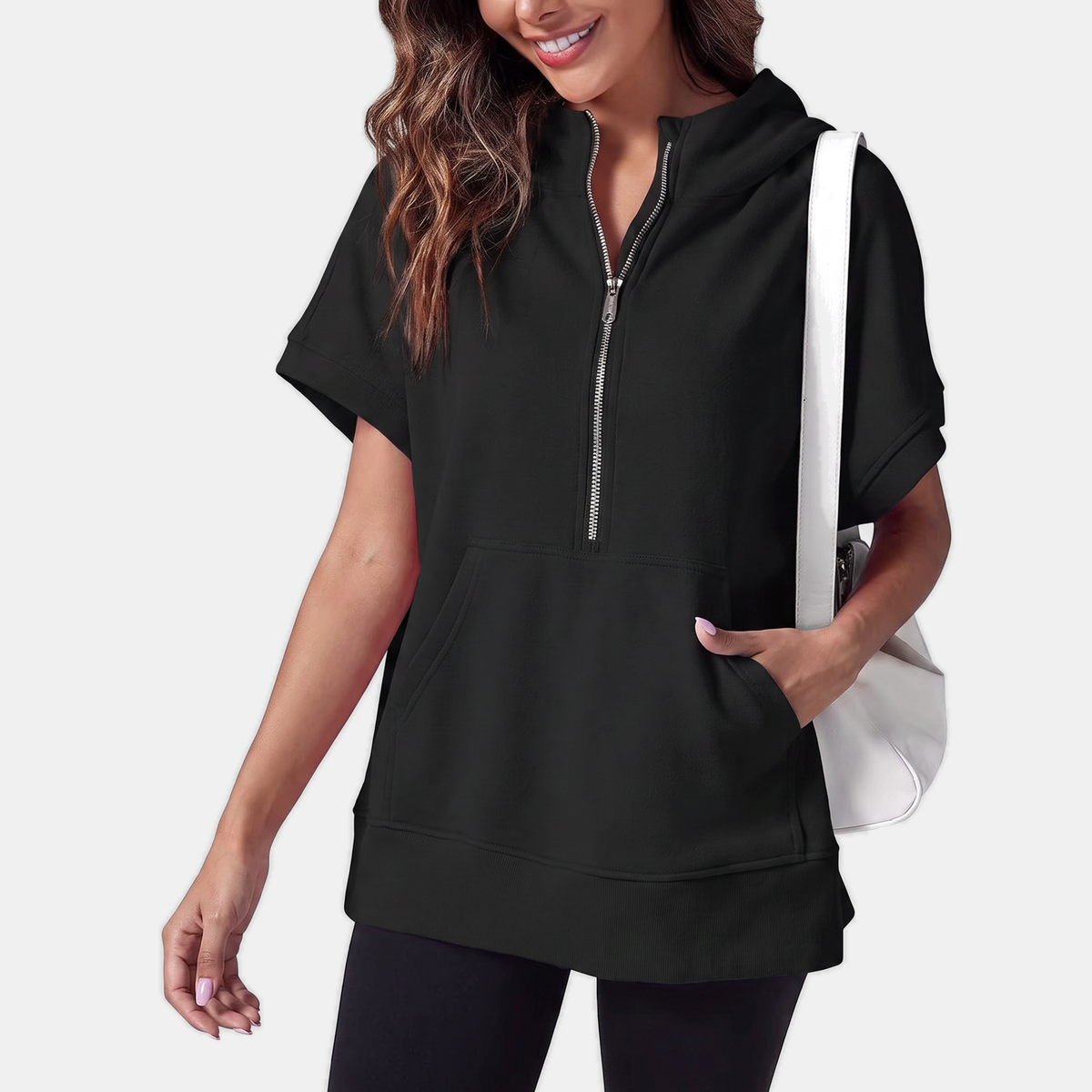 Women's Half Zip Hoodie Oversized Short Sleeve Sweatshirt