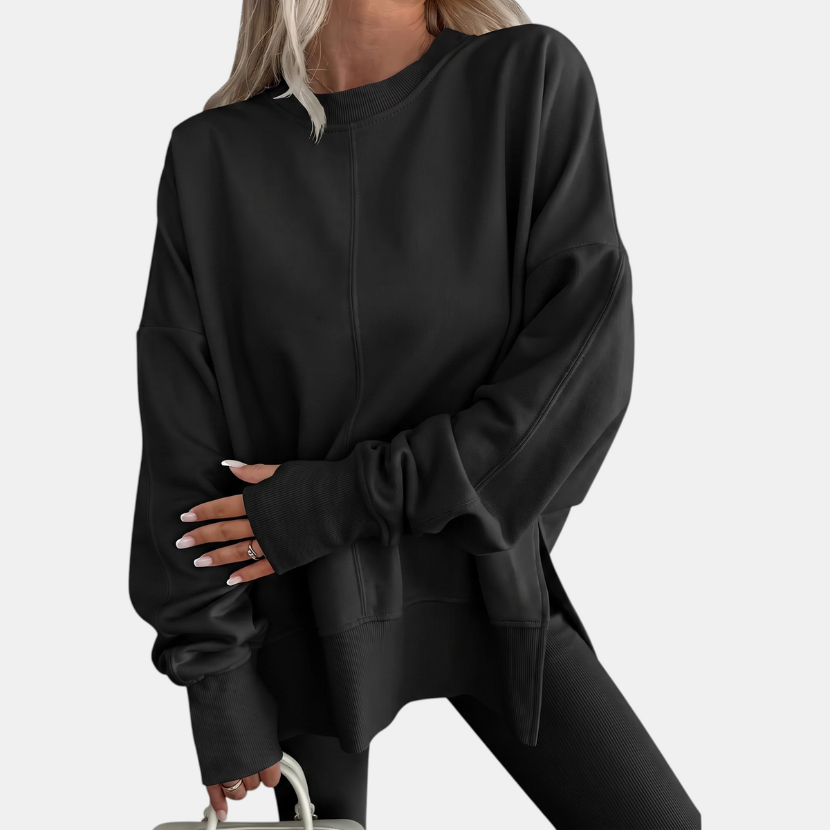 Women's Oversized Crewneck Sweatshirt Drop Shoulder Side Slit Hem