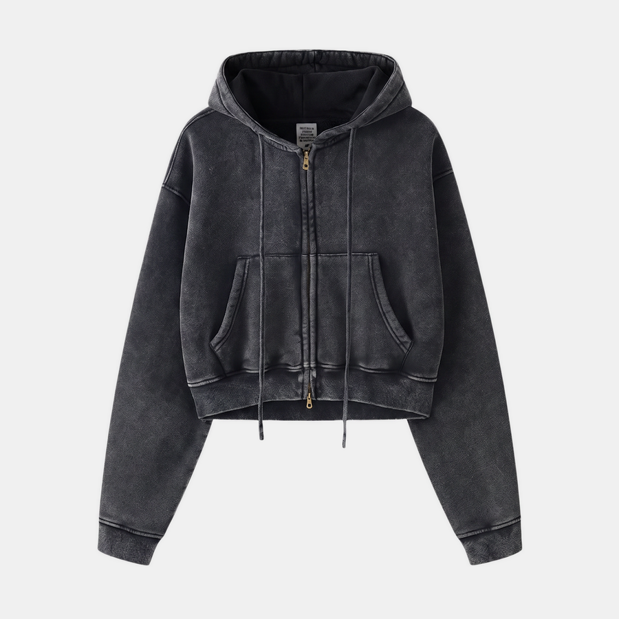 Women's Acid Wash Cropped Zip Up Hoodie Fleece Sweatshirt