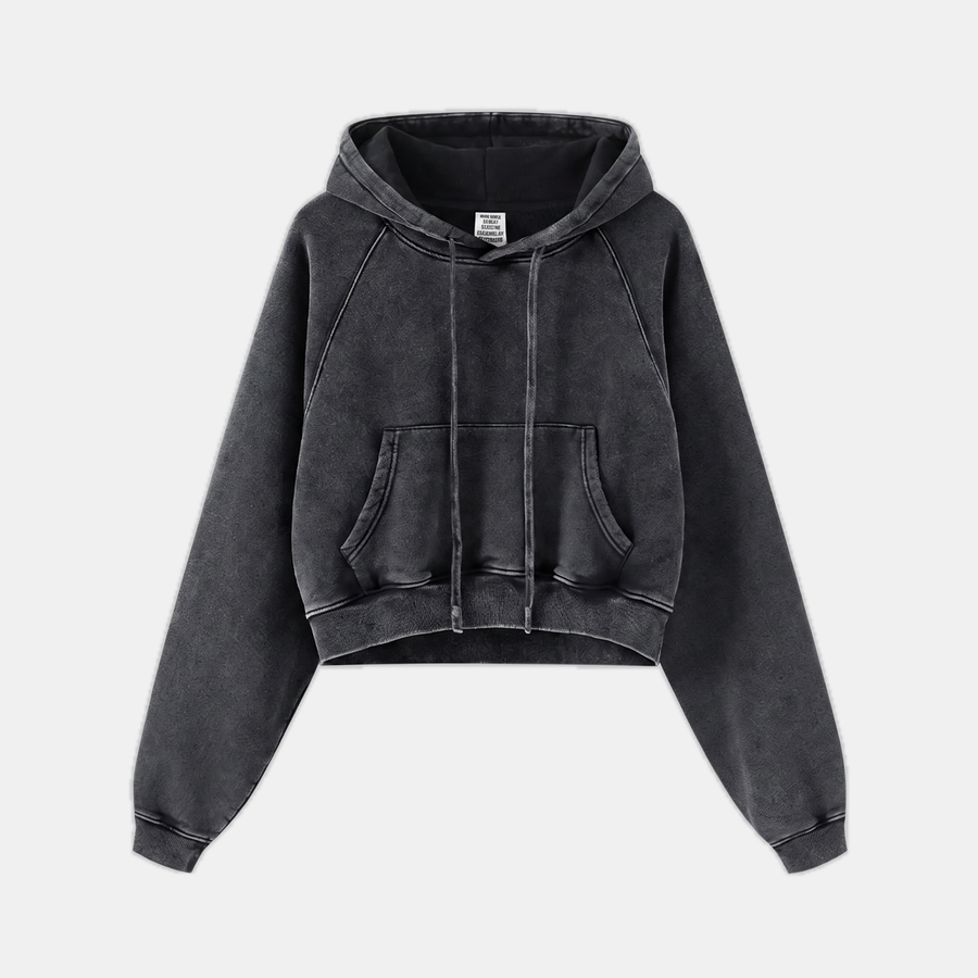 Women's Acid Wash Cropped Oversized Hoodie with Kangaroo Pocket