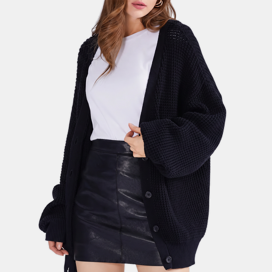 Women's Chunky Knit Balloon Sleeve Button Front Cardigan Sweater