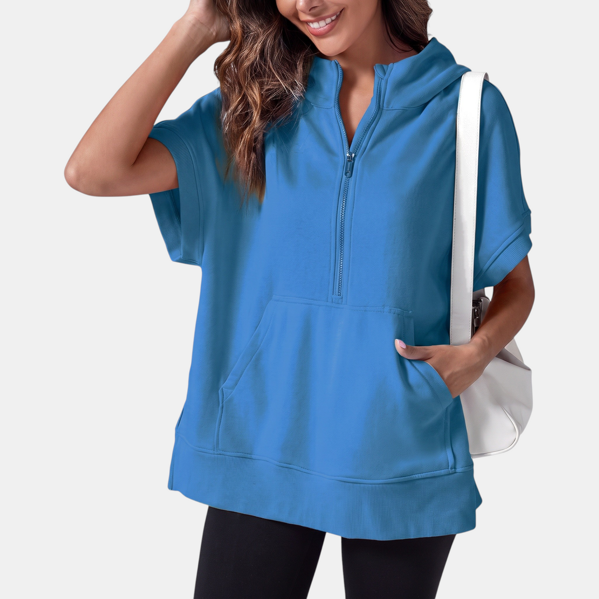 Women's Half Zip Hoodie Oversized Short Sleeve Sweatshirt