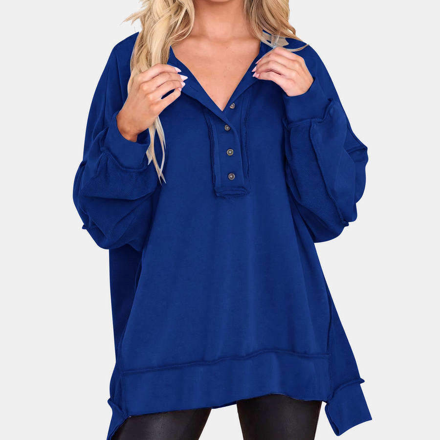 Women's Oversized Hoodie Button Placket Balloon Sleeve Sweatshirt