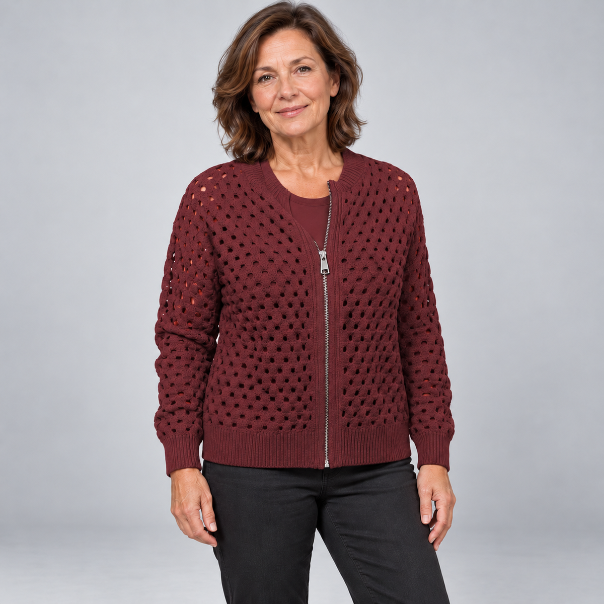 Desiree | Open-Knit Zip-Up Cardigan