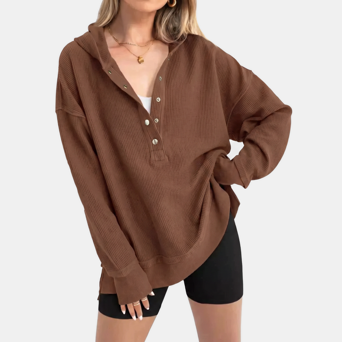 Women's Oversized Waffle Knit Snap Button Hoodie