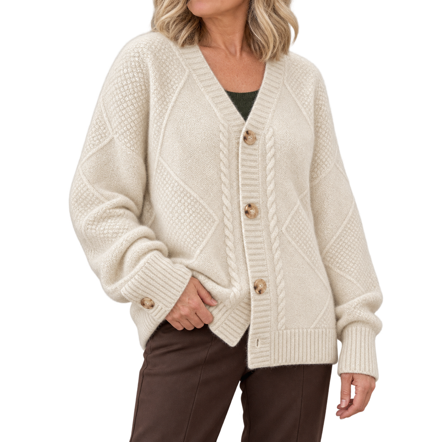 Aaliyah | Button Front V-Neck Cardigan with Diamond Knit Detail