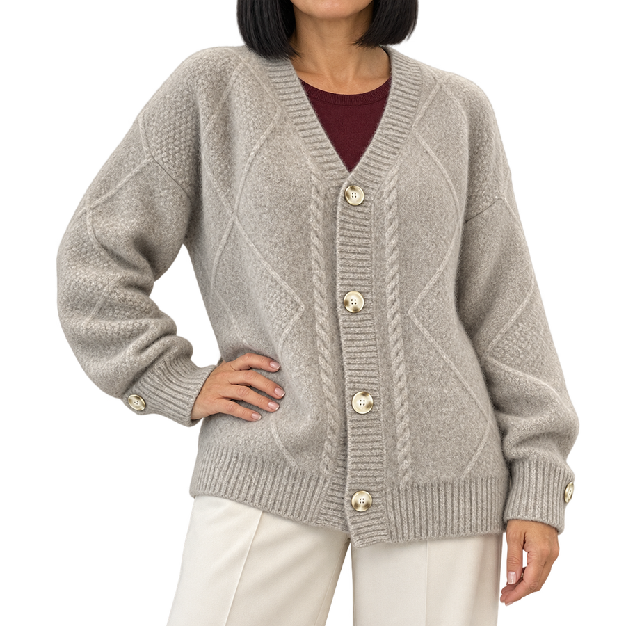 Aaliyah | Button Front V-Neck Cardigan with Diamond Knit Detail