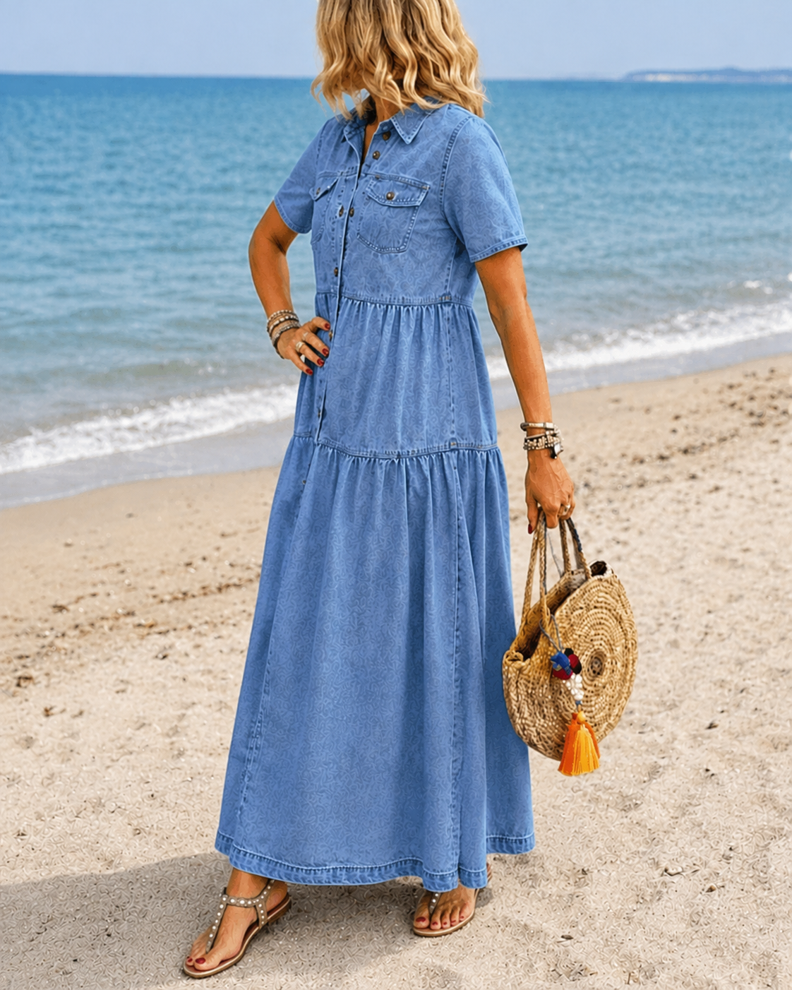 Grace | Belly-covering Denim Midi Dress with Buttons