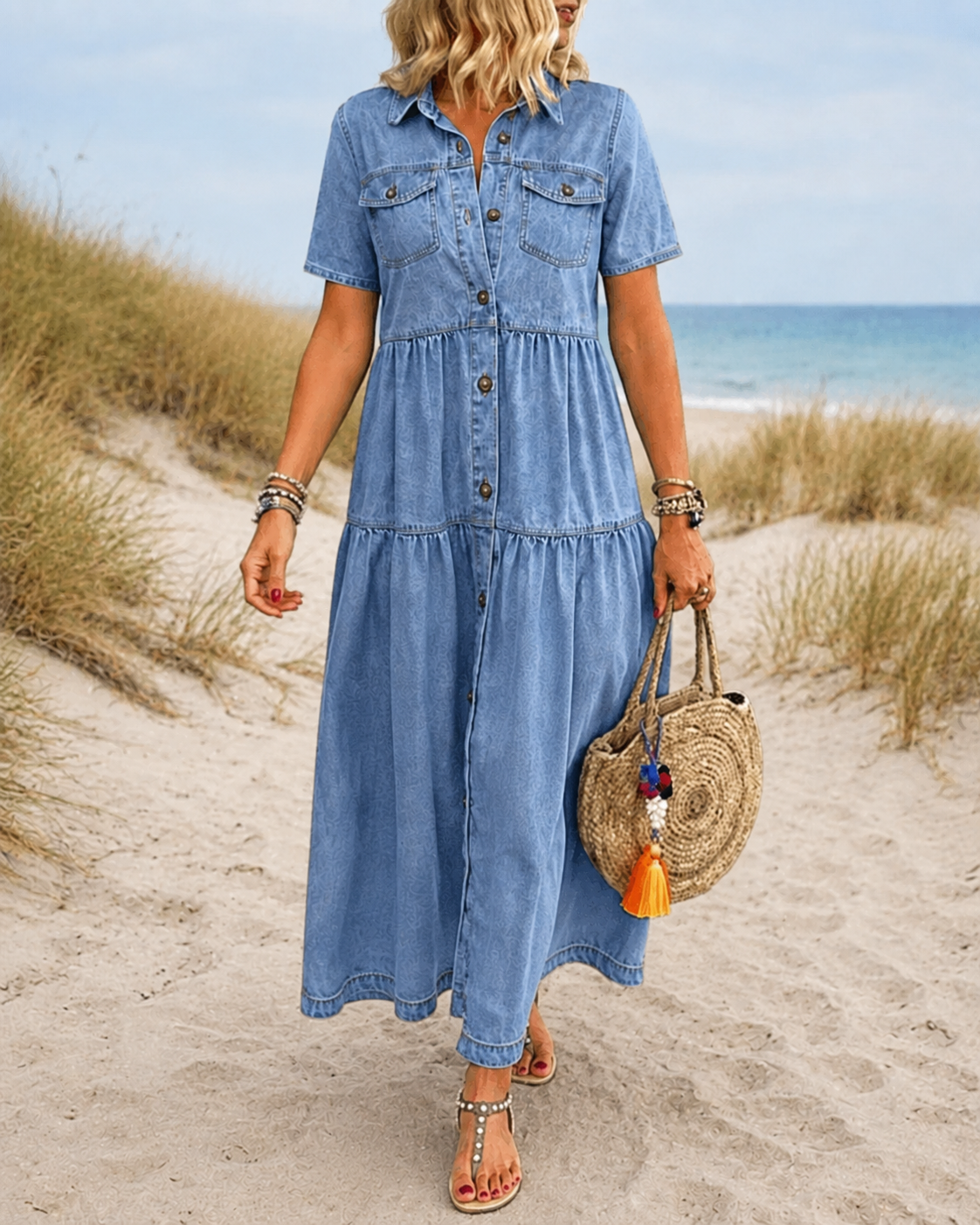 Grace | Belly-covering Denim Midi Dress with Buttons
