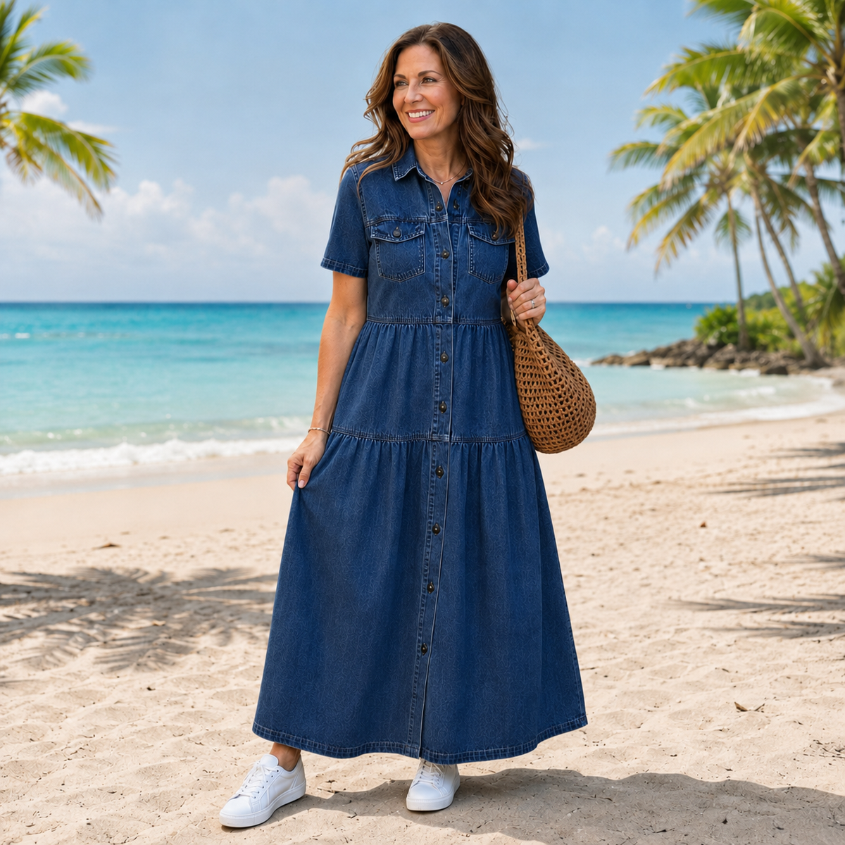 Grace | Belly-covering Denim Midi Dress with Buttons