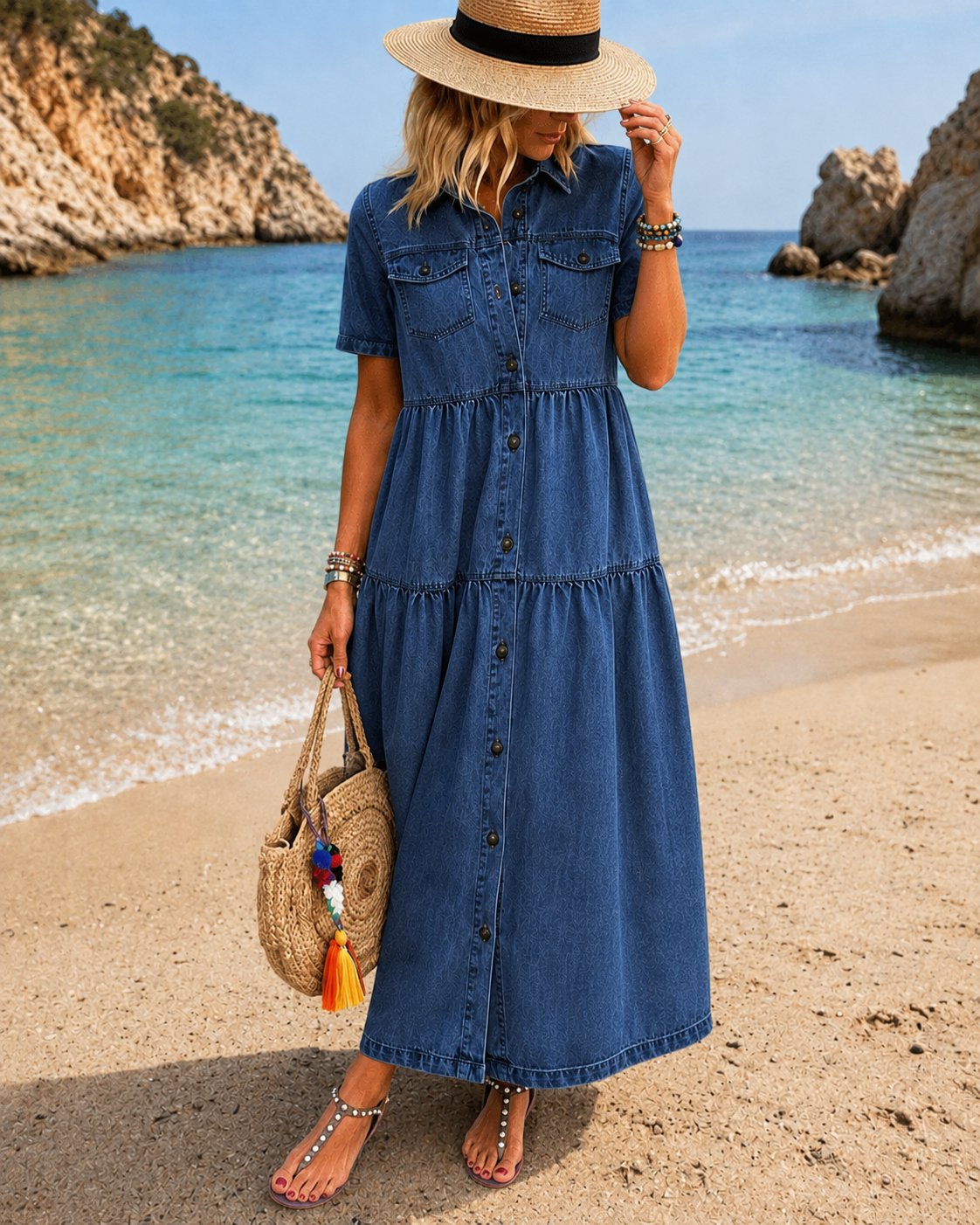 Grace | Belly-covering Denim Midi Dress with Buttons