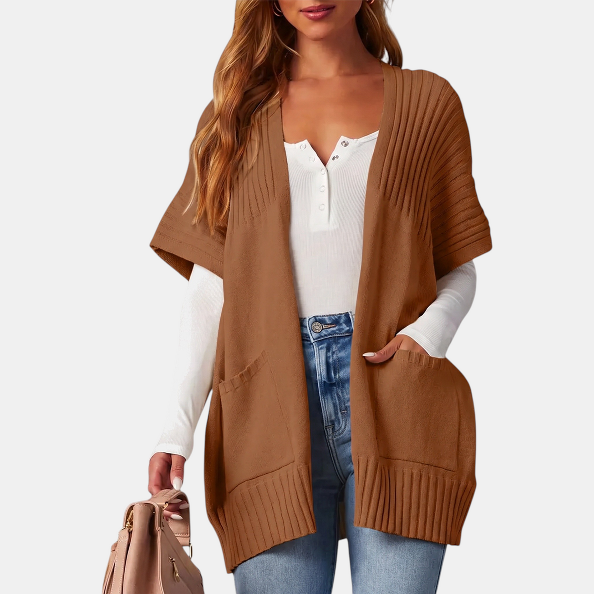 Women's Short Sleeve Cardigan Chunky Ribbed Knit Open Front