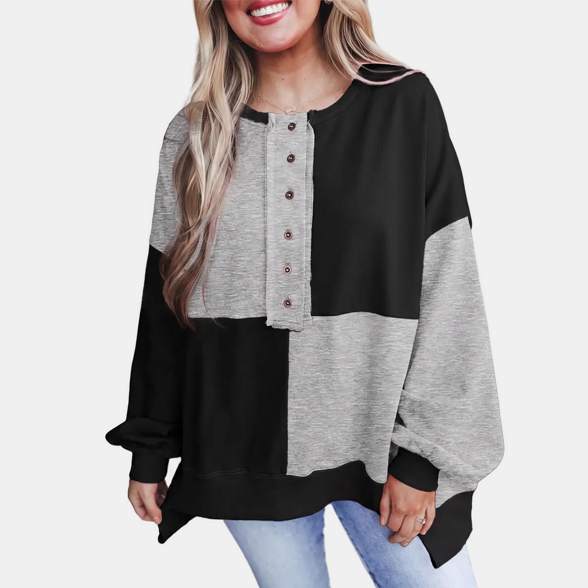 Women's Oversized Colour Block Button Placket Crewneck Sweatshirt