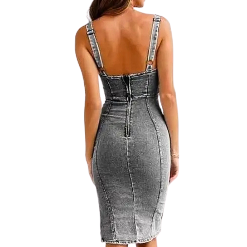 TATIANA – Slim-Fit Denim Side Slit Midi Dress