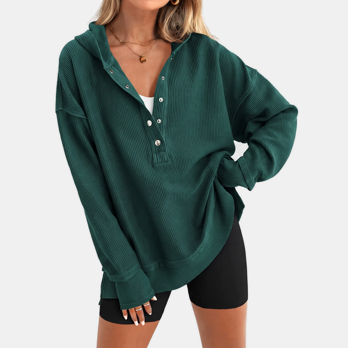 Women's Oversized Waffle Knit Snap Button Hoodie