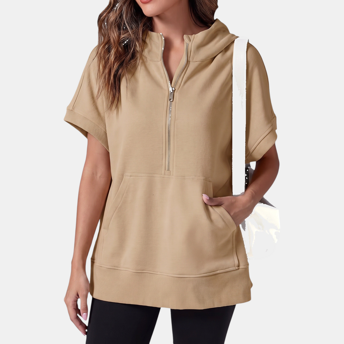 Women's Half Zip Hoodie Oversized Short Sleeve Sweatshirt