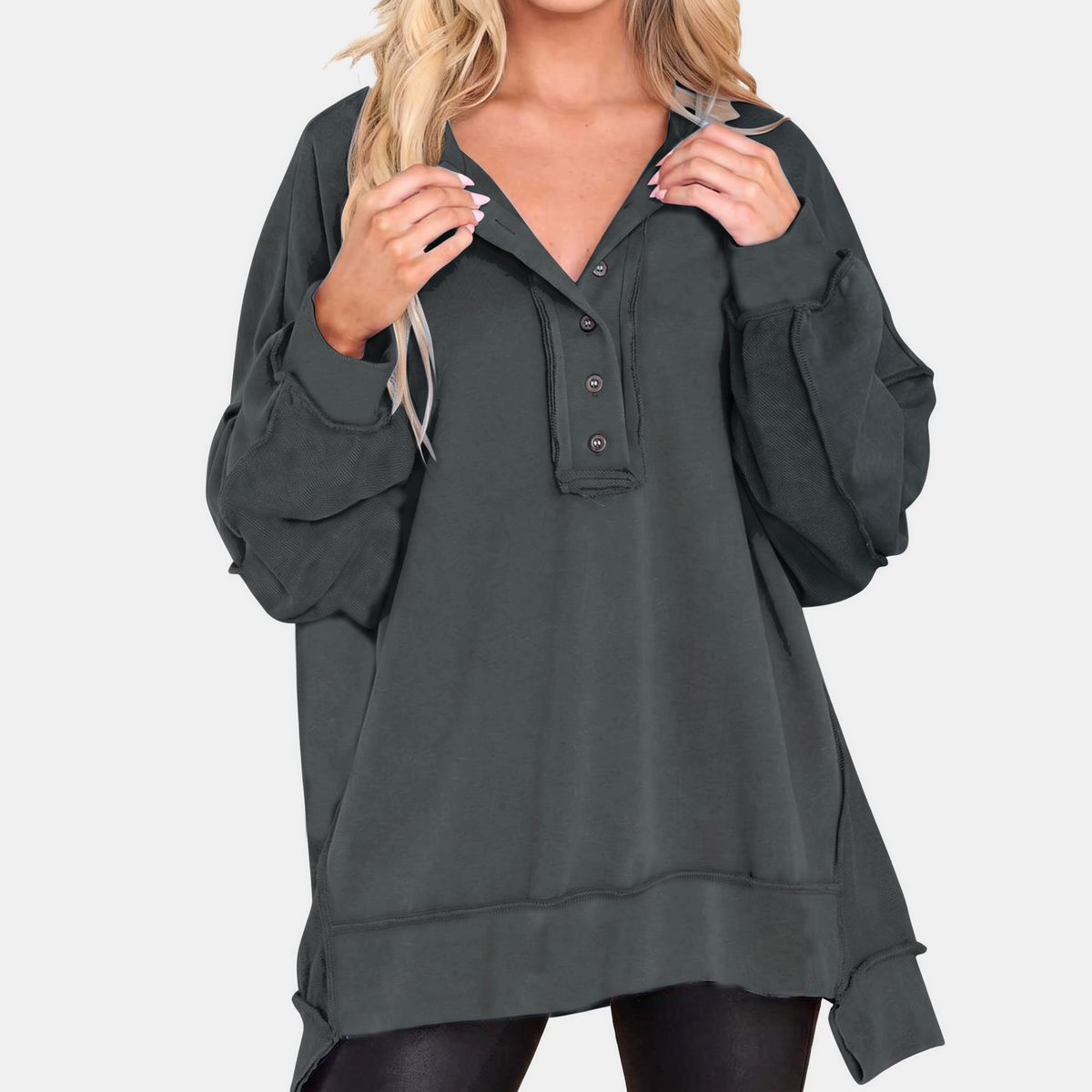 Women's Oversized Hoodie Button Placket Balloon Sleeve Sweatshirt