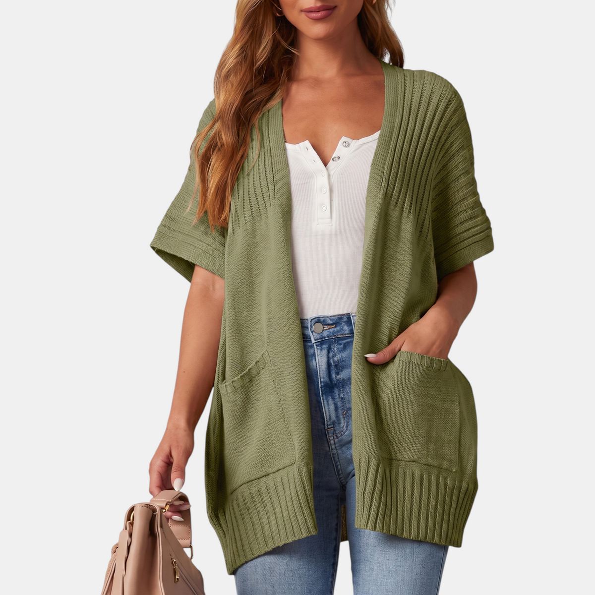 Women's Short Sleeve Cardigan Chunky Ribbed Knit Open Front