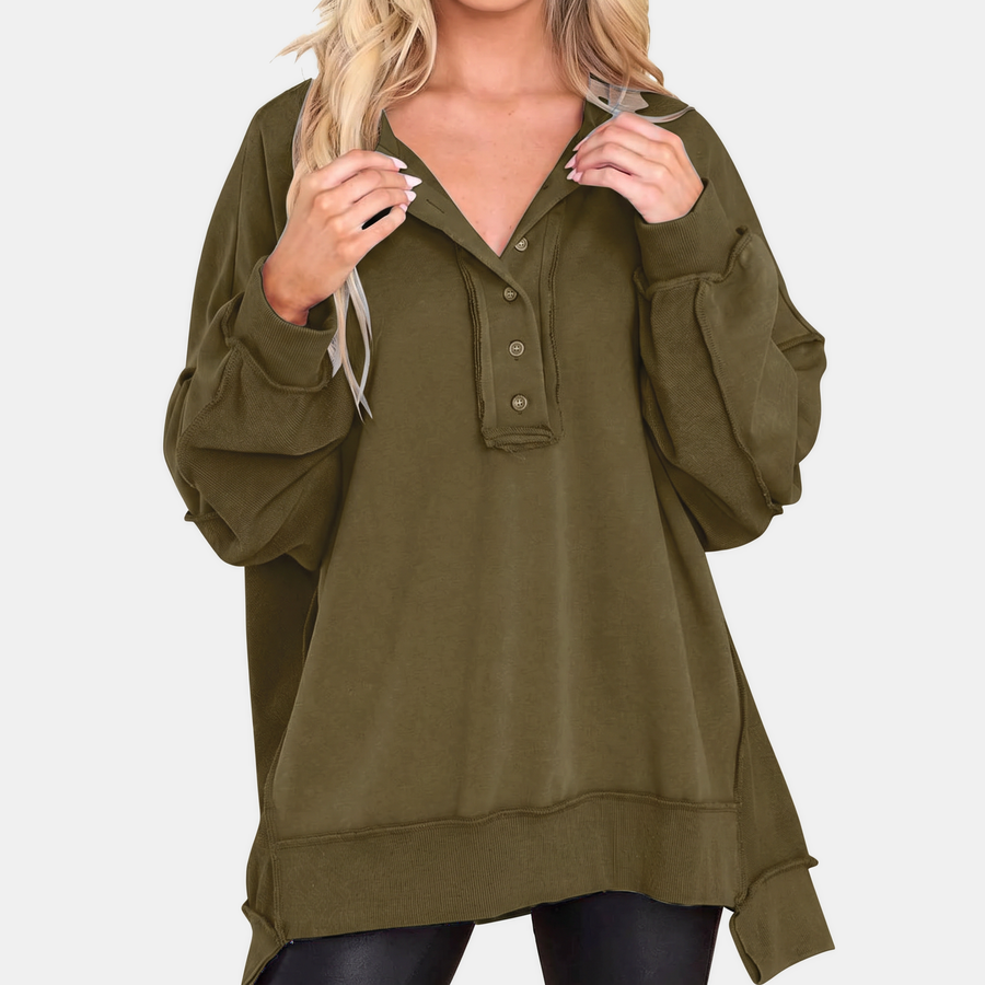 Women's Oversized Hoodie Button Placket Balloon Sleeve Sweatshirt
