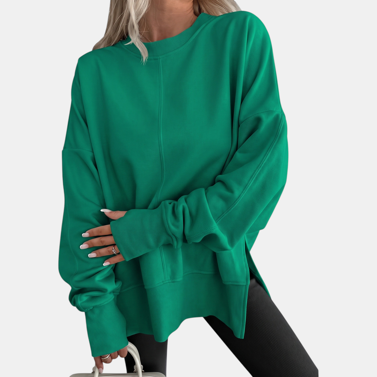 Women's Oversized Crewneck Sweatshirt Drop Shoulder Side Slit Hem