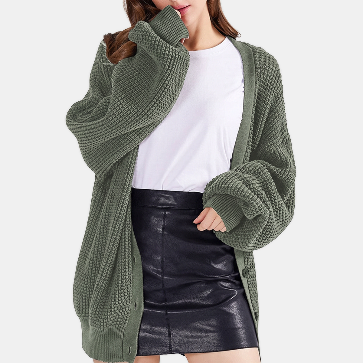 Women's Chunky Knit Balloon Sleeve Button Front Cardigan Sweater