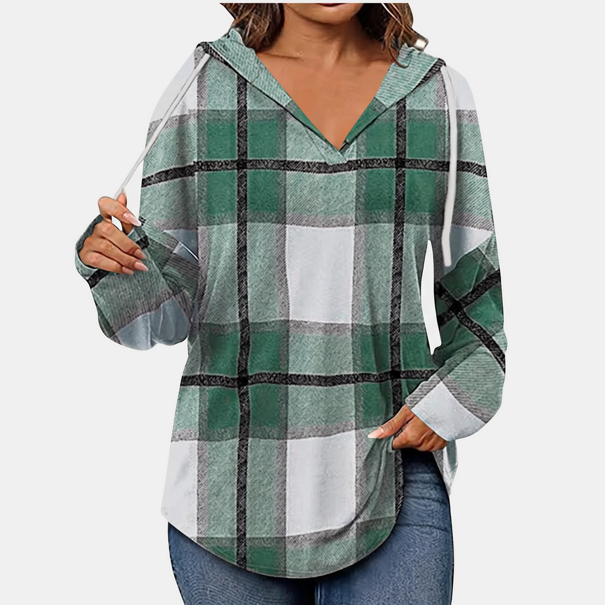 Women's Oversized Plaid Hoodie with V-Neck and Kangaroo Pockets