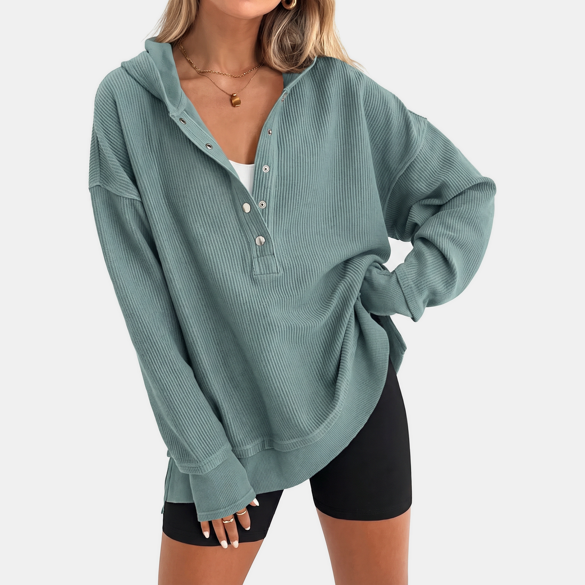 Women's Oversized Waffle Knit Snap Button Hoodie
