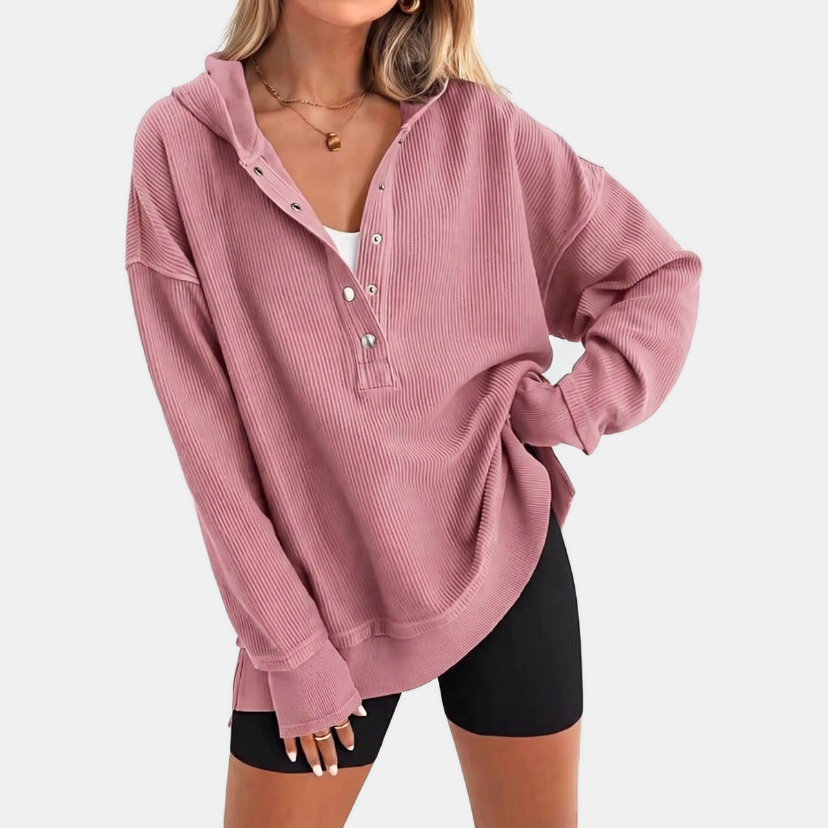 Women's Oversized Waffle Knit Snap Button Hoodie