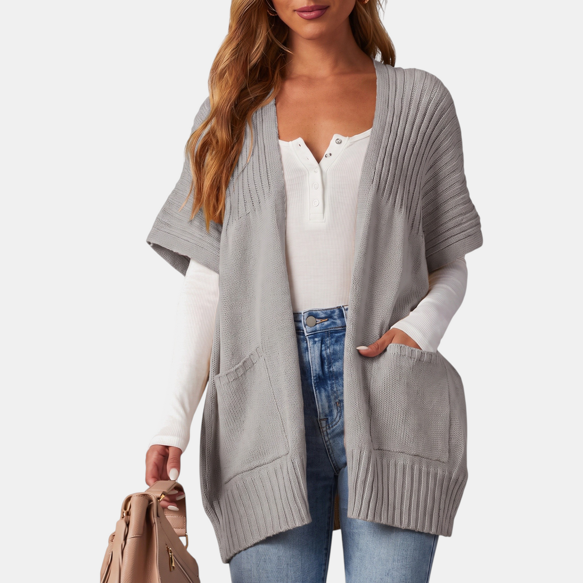 Women's Short Sleeve Cardigan Chunky Ribbed Knit Open Front