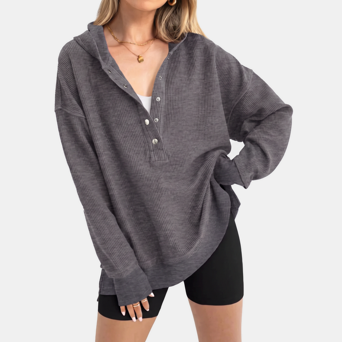 Women's Oversized Waffle Knit Snap Button Hoodie