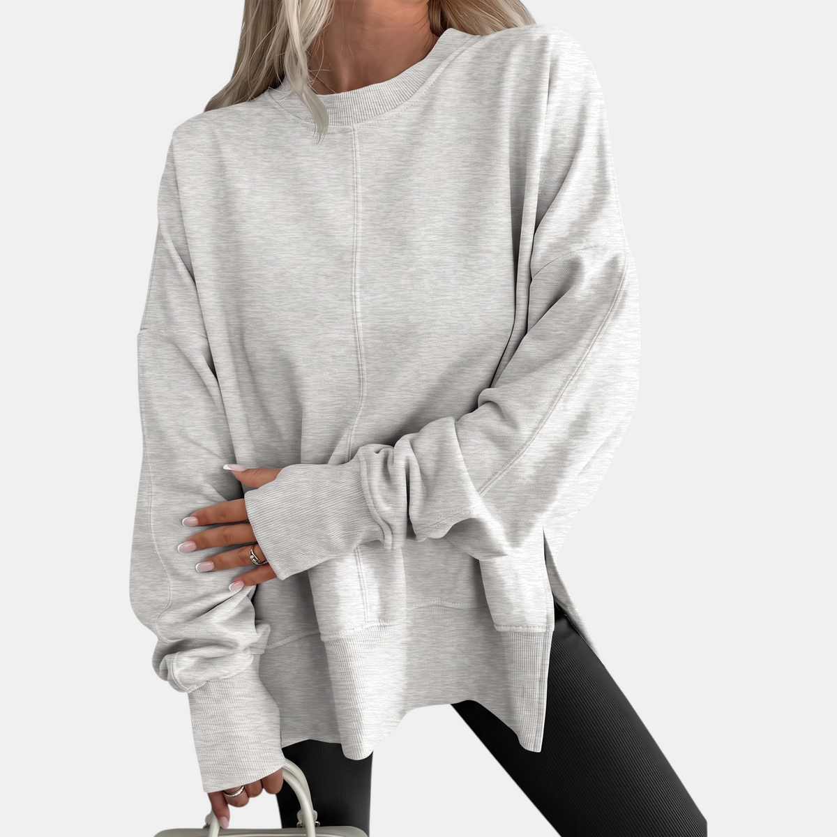 Women's Oversized Crewneck Sweatshirt Drop Shoulder Side Slit Hem