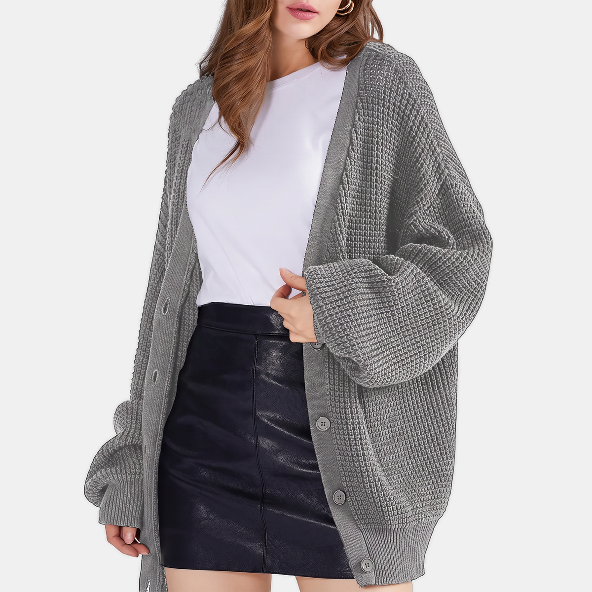 Women's Chunky Knit Balloon Sleeve Button Front Cardigan Sweater