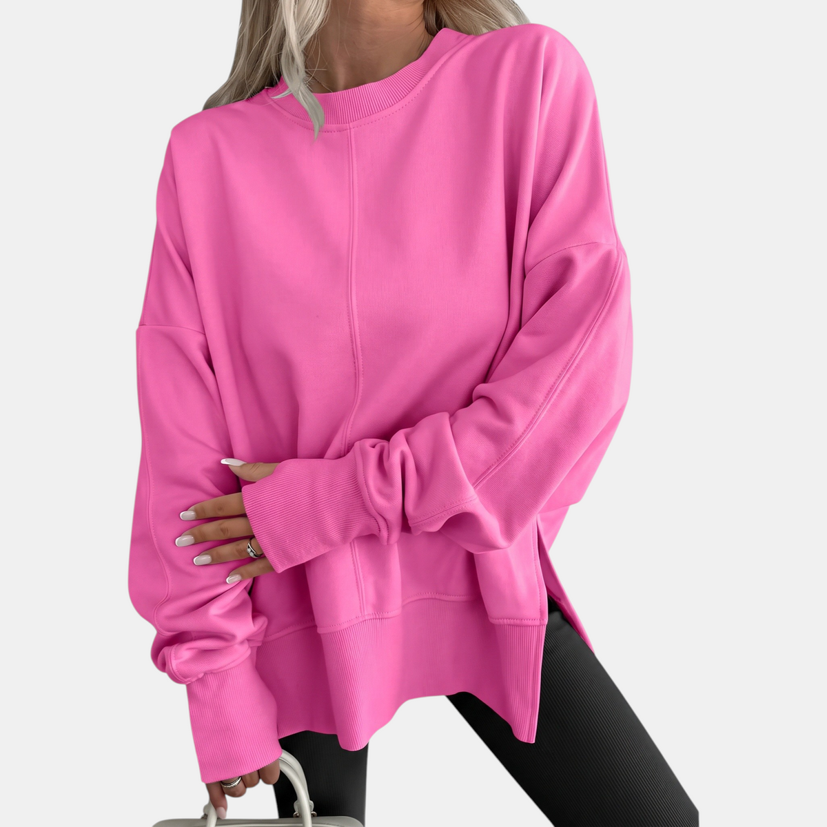 Women's Oversized Crewneck Sweatshirt Drop Shoulder Side Slit Hem