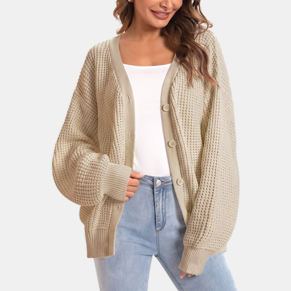 Women's Chunky Knit Balloon Sleeve Button Front Cardigan Sweater