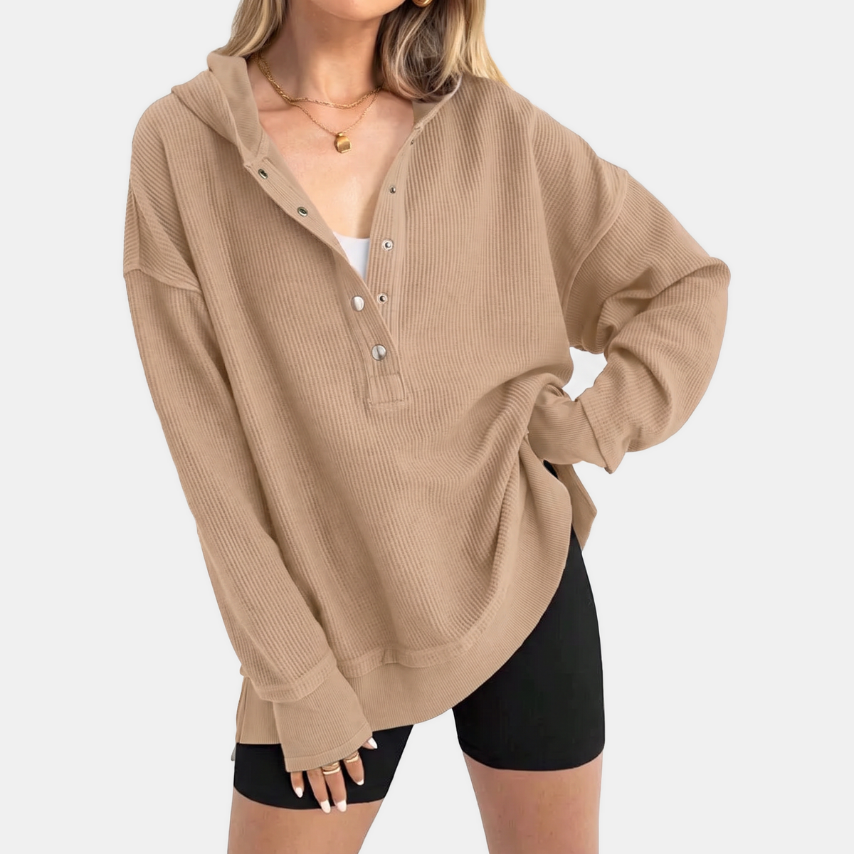 Women's Oversized Waffle Knit Snap Button Hoodie