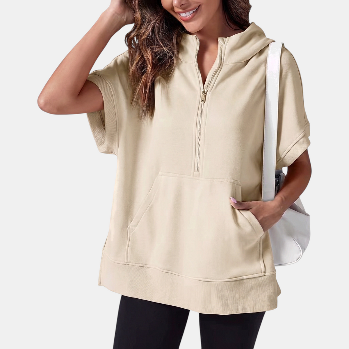 Women's Half Zip Hoodie Oversized Short Sleeve Sweatshirt