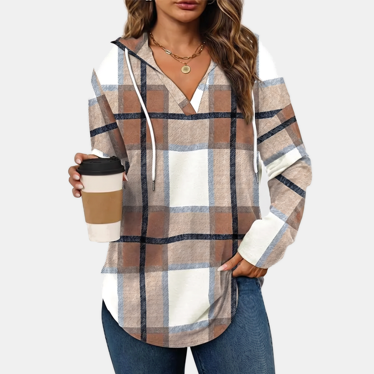 Women's Oversized Plaid Hoodie with V-Neck and Kangaroo Pockets