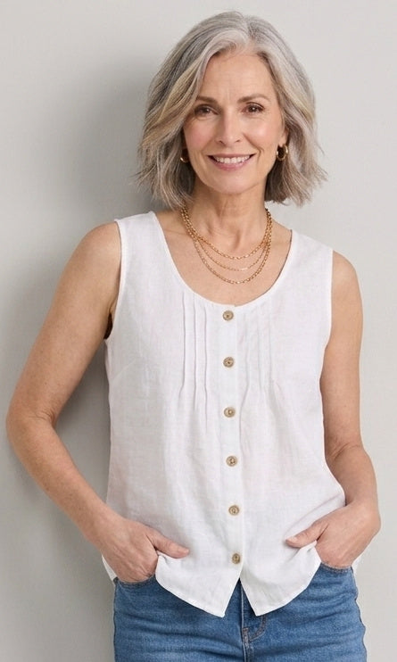 Pleated Linen Button Front Tank