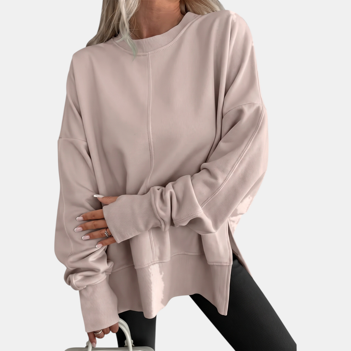 Women's Oversized Crewneck Sweatshirt Drop Shoulder Side Slit Hem