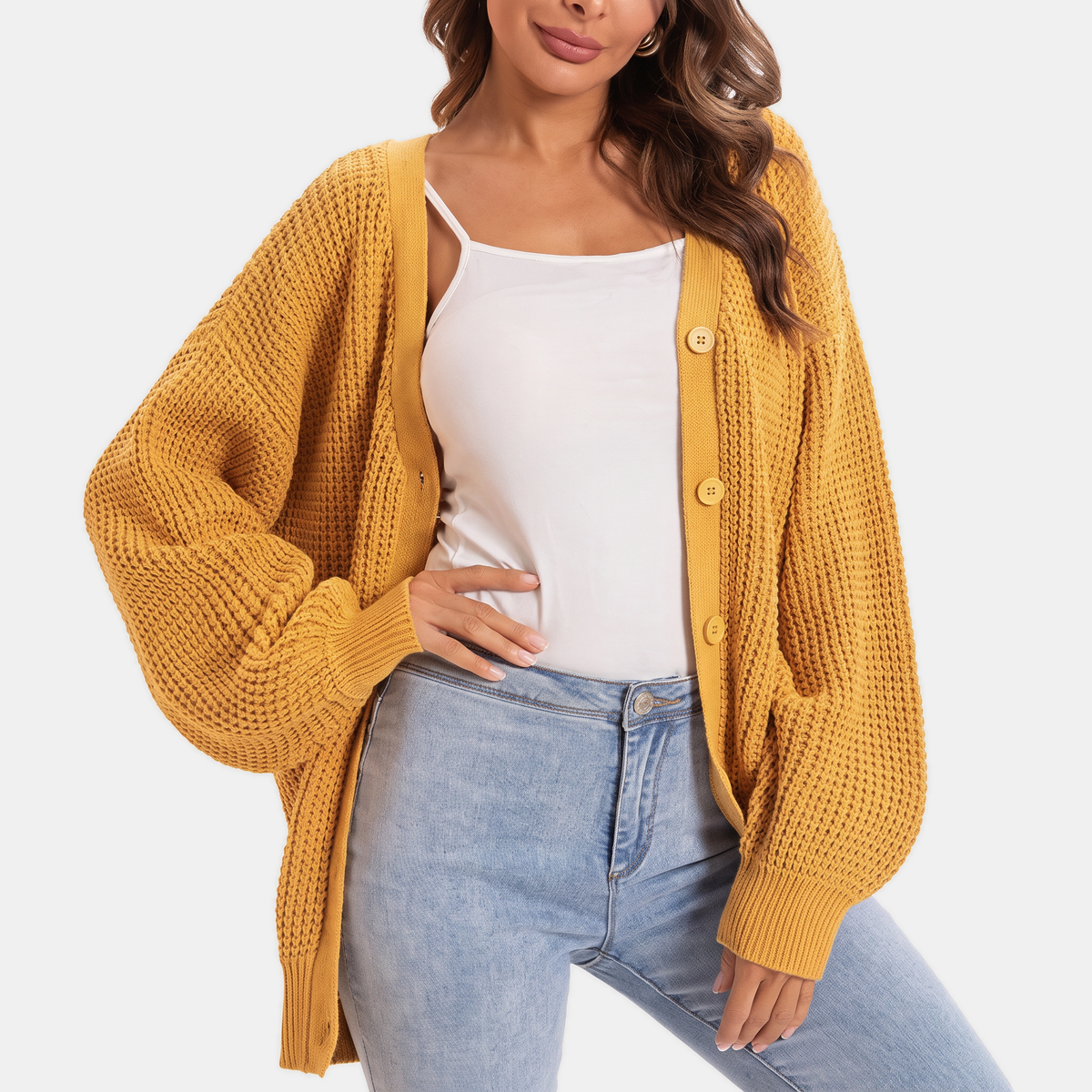 Women's Chunky Knit Balloon Sleeve Button Front Cardigan Sweater
