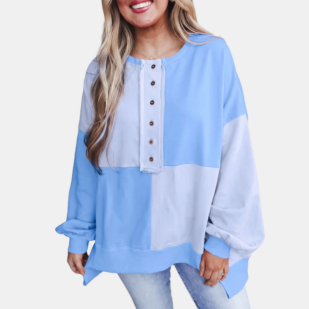 Women's Oversized Colour Block Button Placket Crewneck Sweatshirt