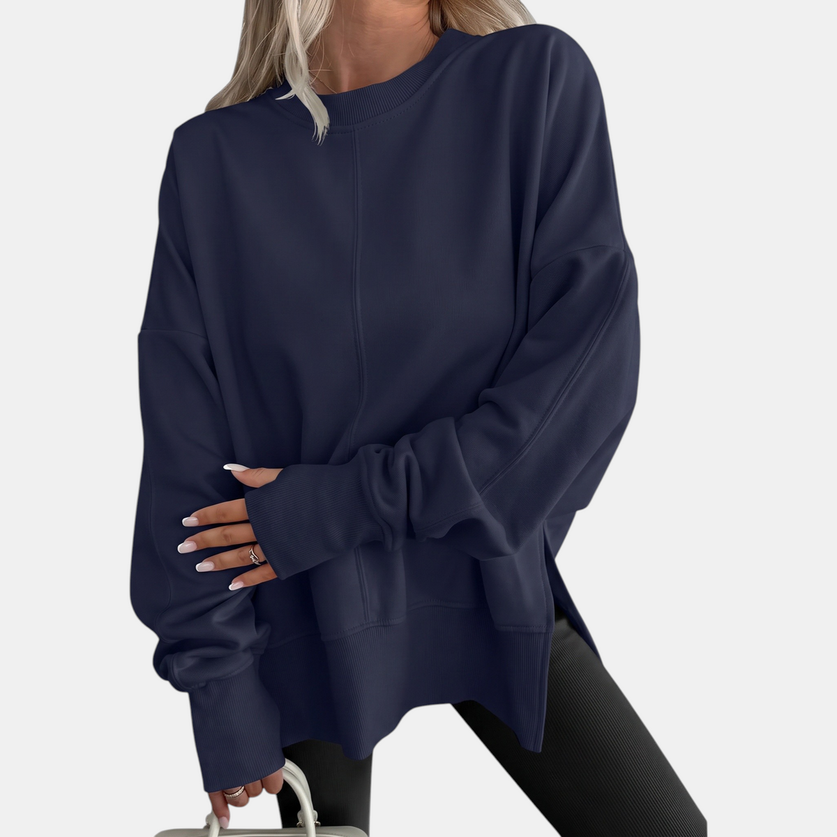 Women's Oversized Crewneck Sweatshirt Drop Shoulder Side Slit Hem