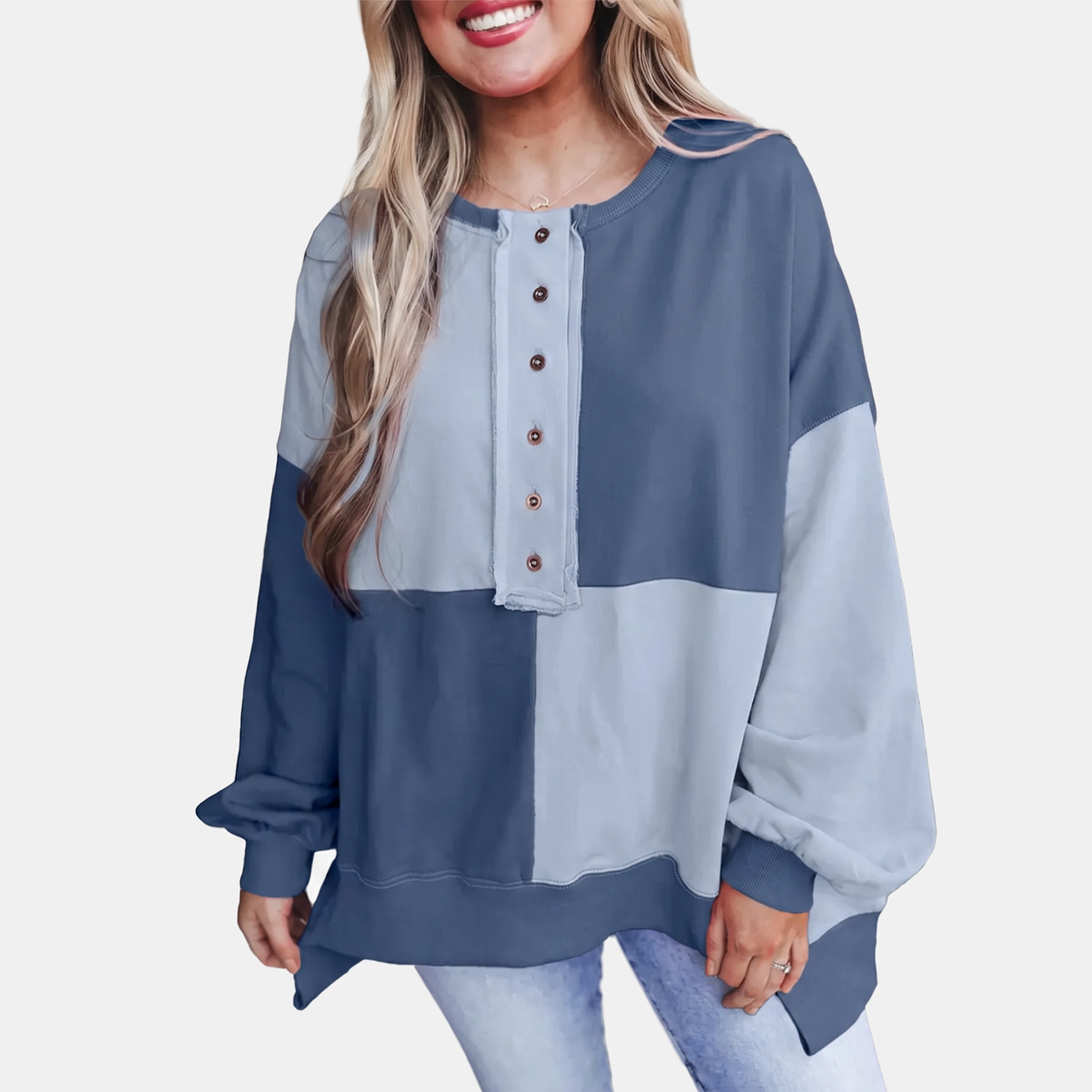 Women's Oversized Colour Block Button Placket Crewneck Sweatshirt
