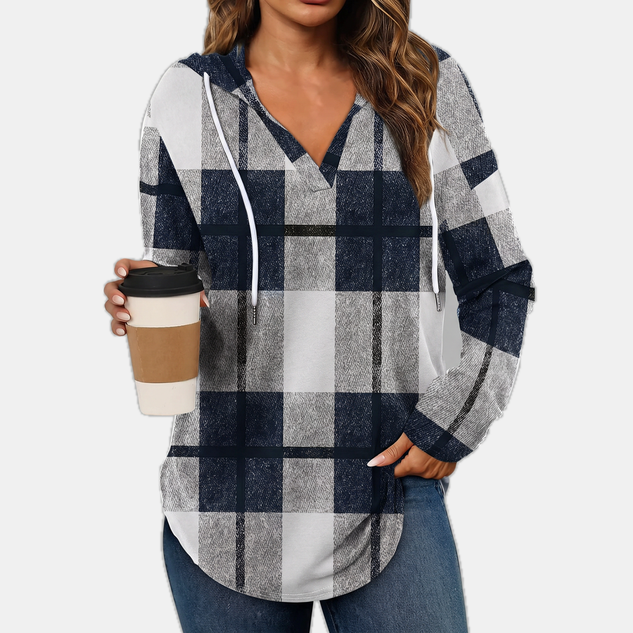 Women's Oversized Plaid Hoodie with V-Neck and Kangaroo Pockets