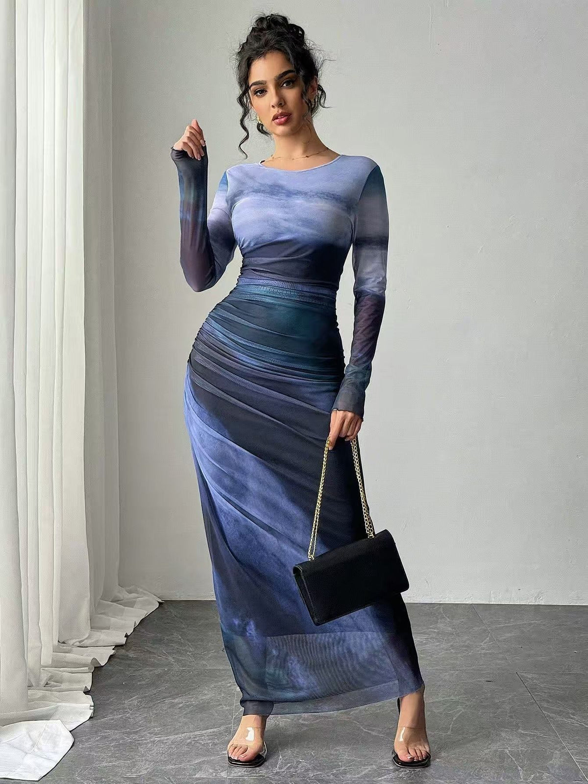 ROSALIE - Comfy Printed Long Sleeve Round Neck Bodycon Maxi Dress