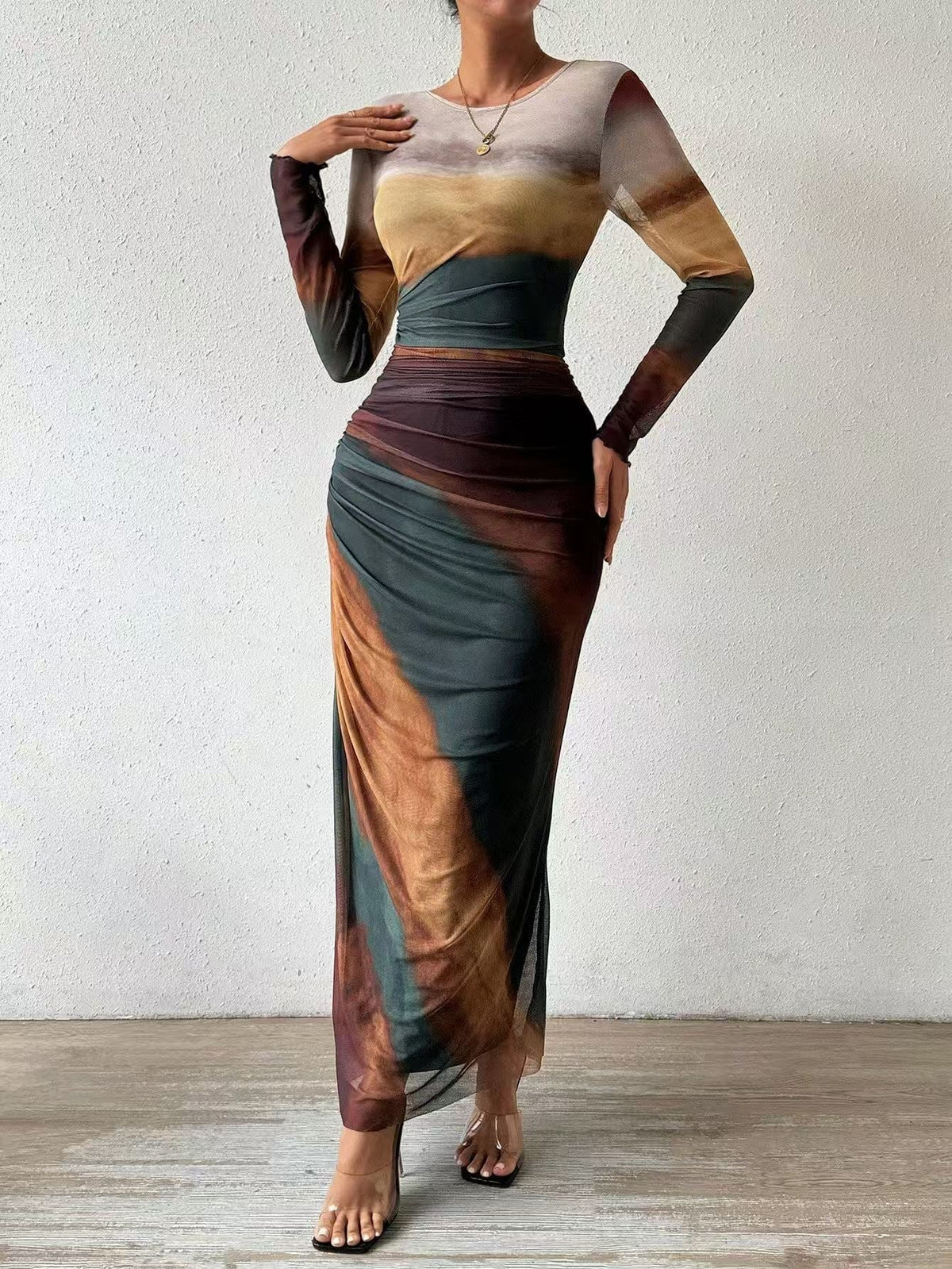 ROSALIE - Comfy Printed Long Sleeve Round Neck Bodycon Maxi Dress